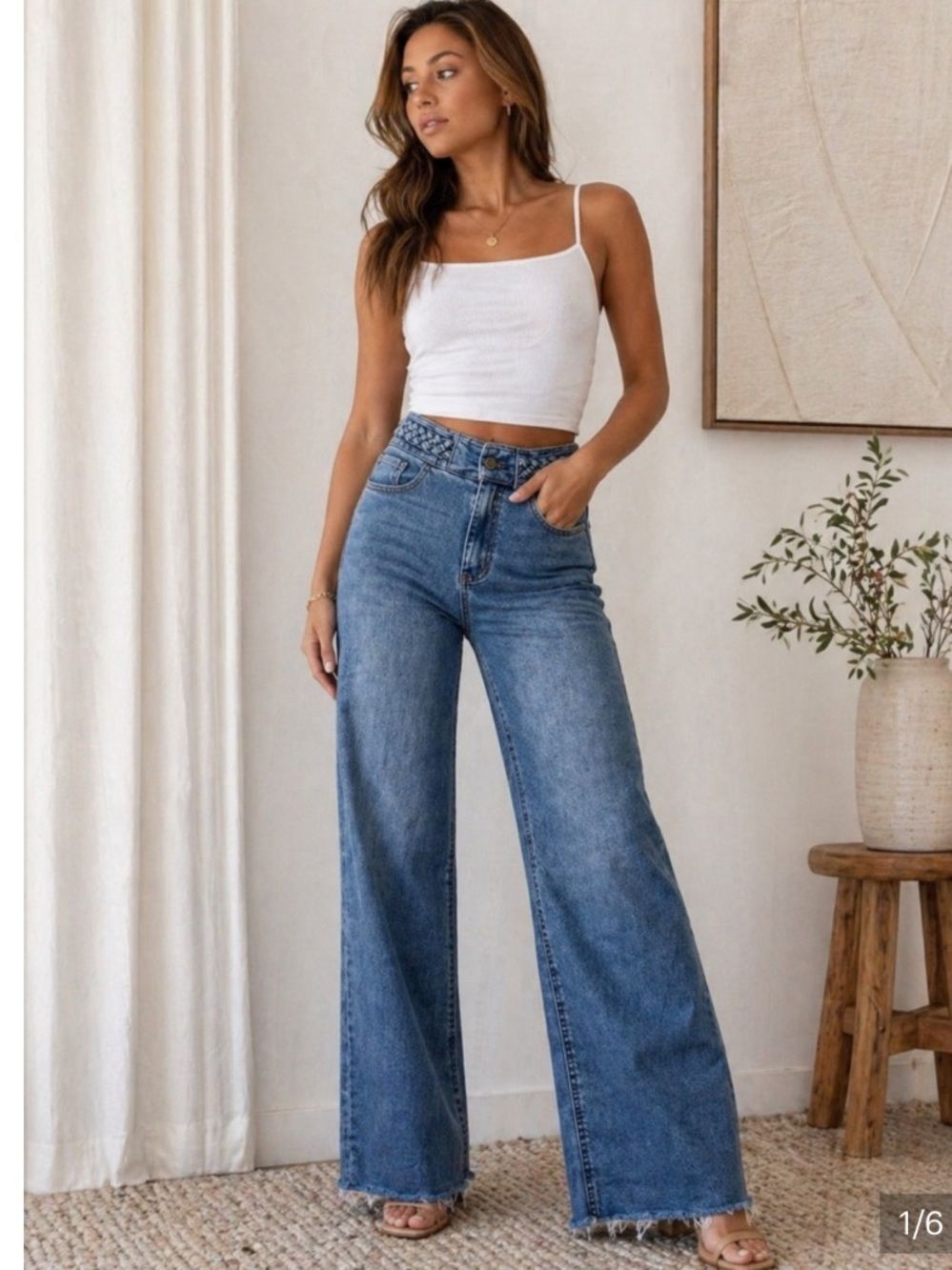 OAT New York High Braided Waistband Wide Leg Jean Raw Hem Womens 10/30